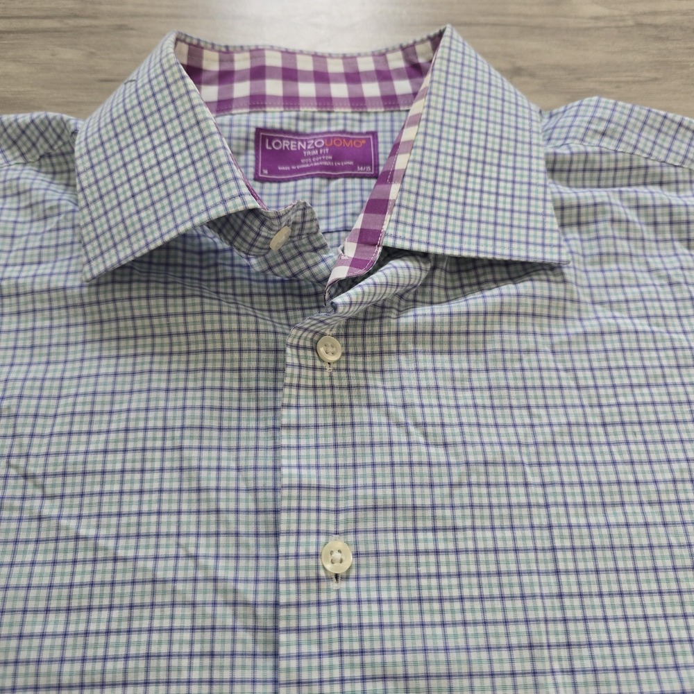 Lorenzo Uomo Button Shirt Mens 16 34/35 Purple Green Check - Picture 4 of 9